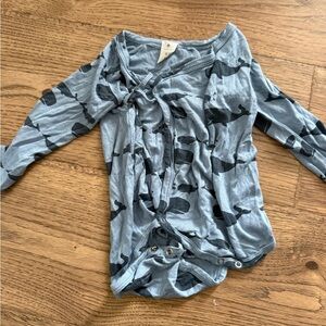 kate quinn Blue Whale Print Tie-Front Long Sleeve Bodysuit